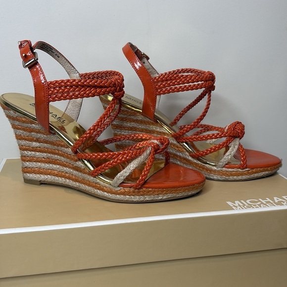Michael Kors | Spring Orange Summer Wedge Knotted Braided Strappy Sandals 6.5 M - Picture 4 of 17